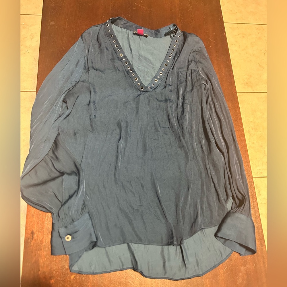 Vince Camuto Teal V-Neck Blouse with Eyelet Detail
